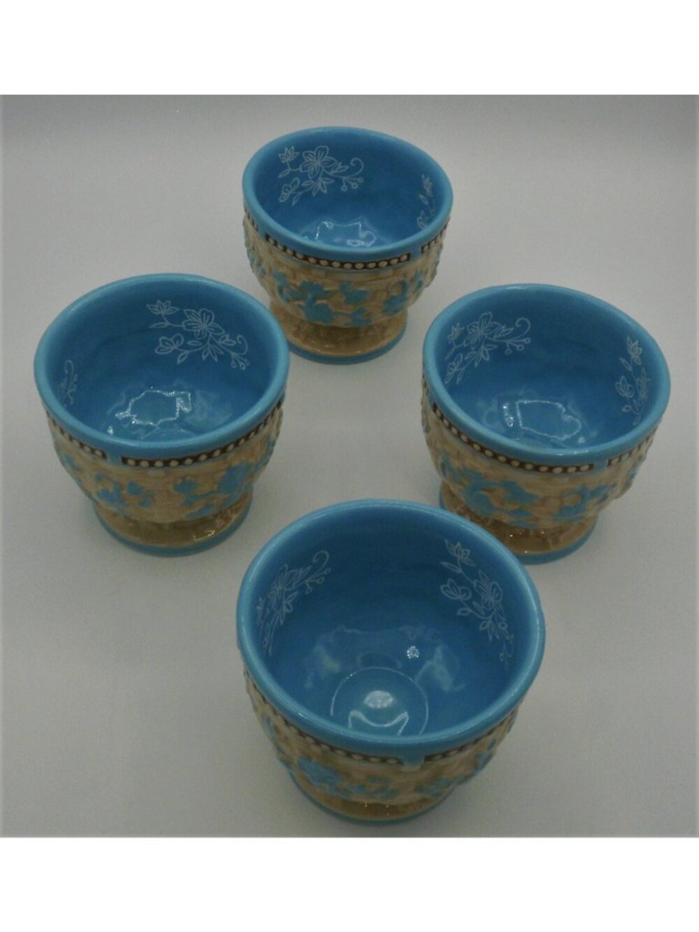Temptations Floral Lace Basket Weave Pedestal Cups Light Blue  Set of 4
